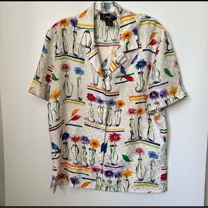 Corey B. Vintage Flowers Vases 100%Silk Button Front Shirt Short Sleeves ~size 4